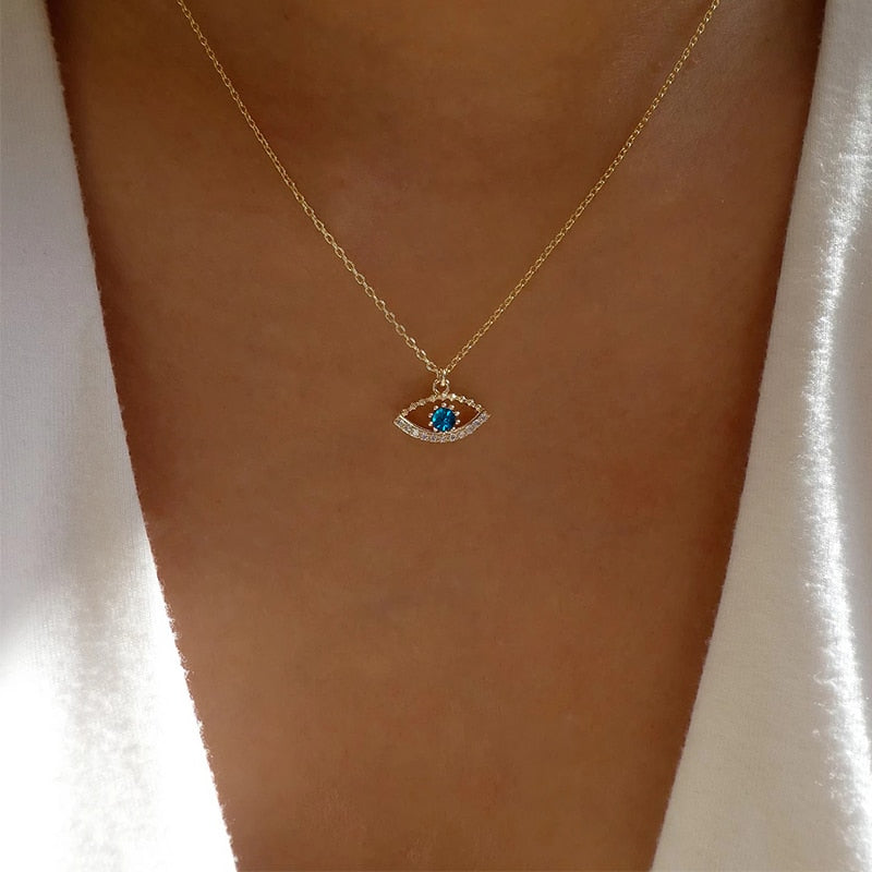 2023 Turkey Fashion Blue Evil Eye Necklace Gold Color Charm Rhinestone Eye Choker Necklace for Women Boho Jewlery Wholesale