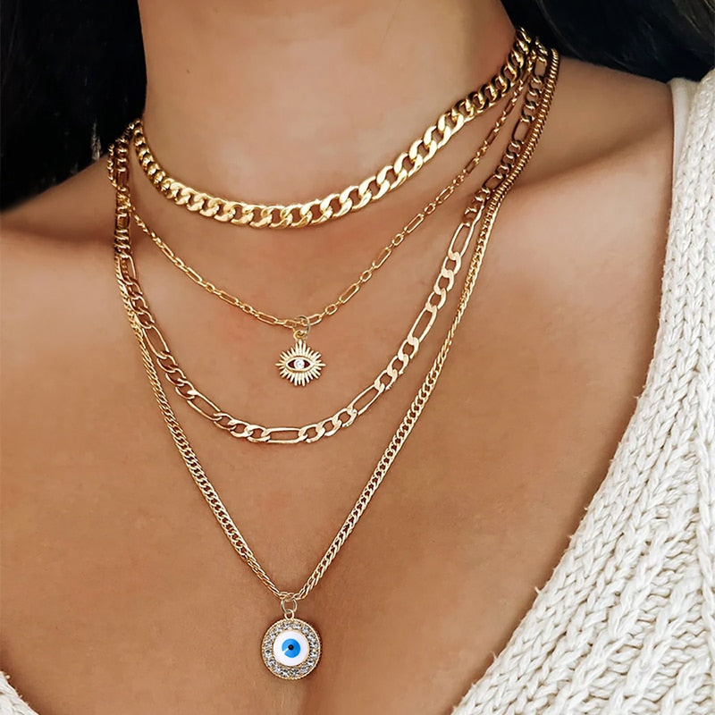 2023 Turkey Fashion Blue Evil Eye Necklace Gold Color Charm Rhinestone Eye Choker Necklace for Women Boho Jewlery Wholesale