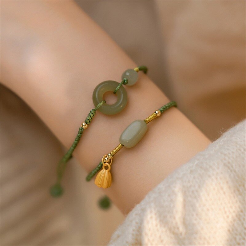 Natural Stone Hetian Jade Safe Buckle Hand Rope Vintage Bracelet Gift New National Tide High Grade Romantic Female Charm Jewelry