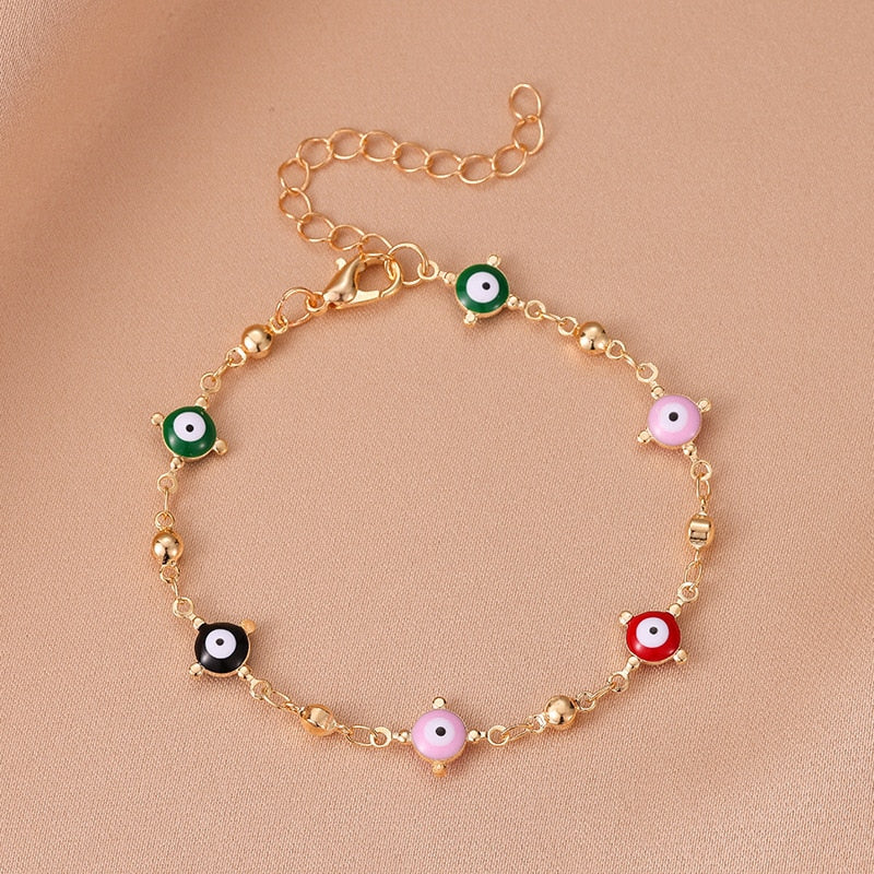 Simple Design Turkish Evil Eye Charm Bracelet for Women Boho Lucky Gold Color Copper Chain Adjustable Bracelet Summer Jewelry