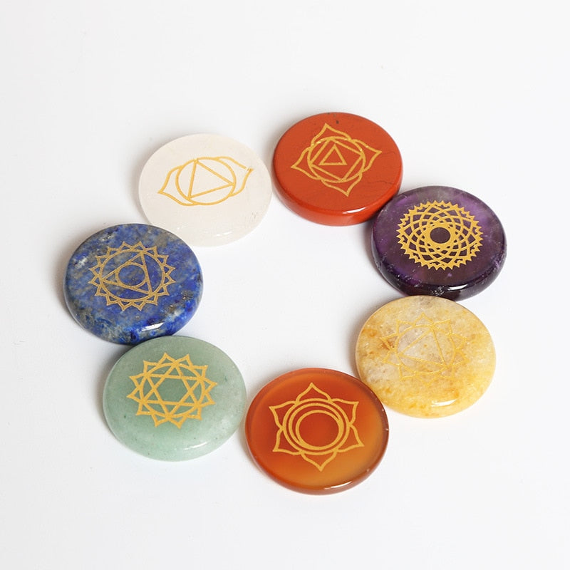 7 Chakra Symbol Crystal Stones Set Natural Reiki Healing Crystal Bulk Palm Polished Pocket Gemstones for Meditation Balancing