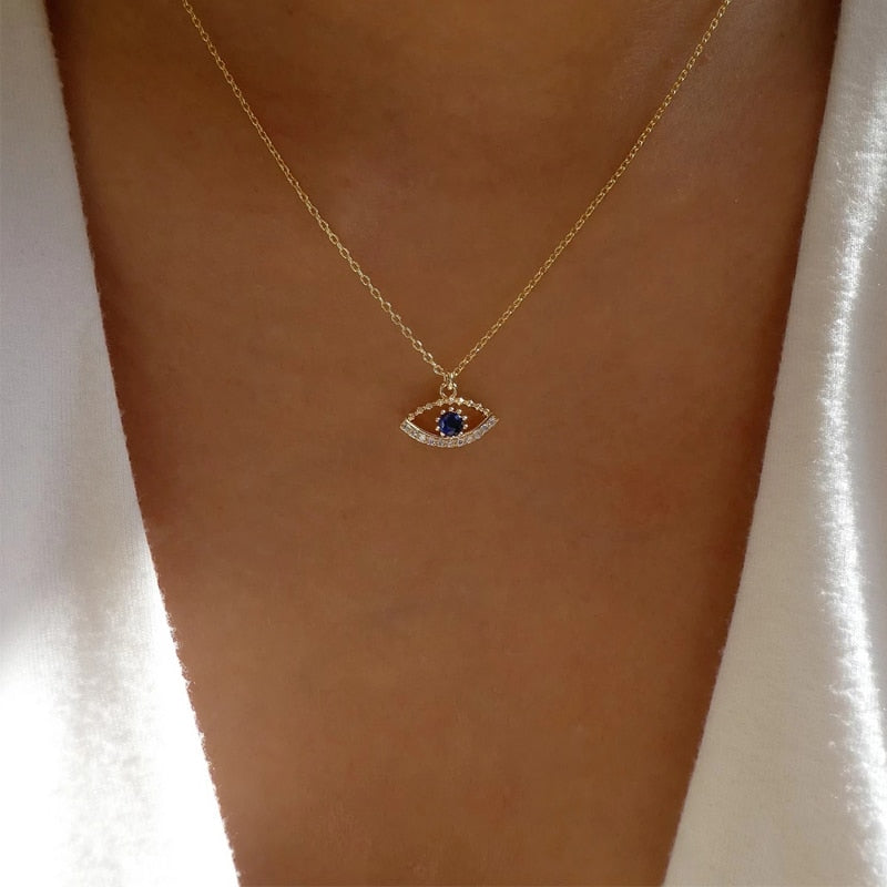 2023 Turkey Fashion Blue Evil Eye Necklace Gold Color Charm Rhinestone Eye Choker Necklace for Women Boho Jewlery Wholesale