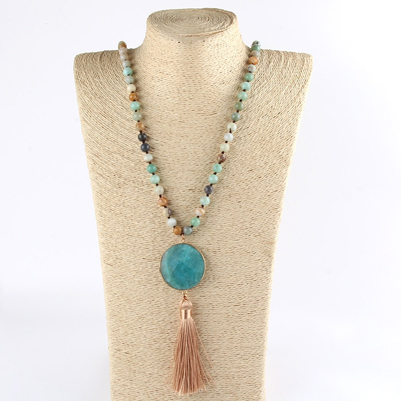 Fashion Bohemian Jewelry Semi Precious Stones Long Knotted Matching Stone Links Tassel Necklaces For Women Ethnic Necklace