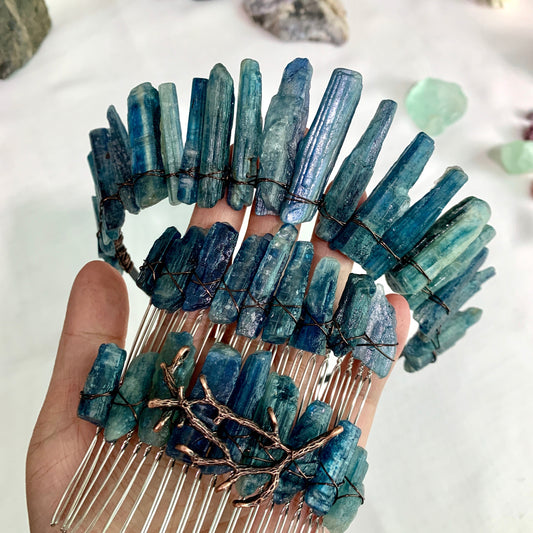 Kyanite Crown Hair Comb Raw Crystal Hair Accessories Natural Kyanite Hair Band Wedding Party Dress Up Wicca Accessories Gift