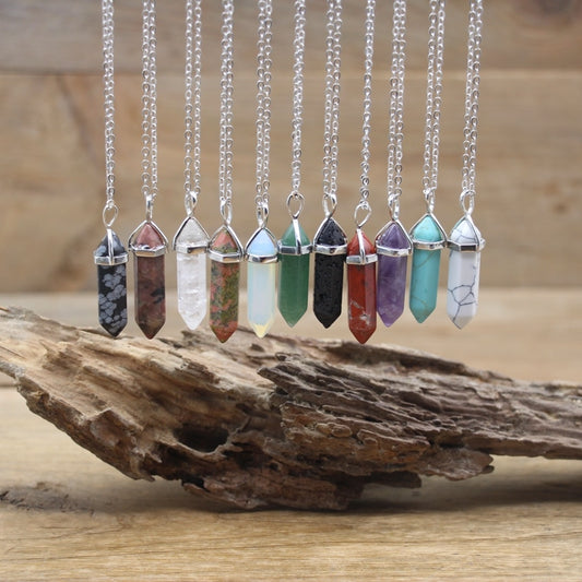 Natural Stone Hexagonal Point Pendants Necklaces Healing Crystal Quartz Fluorite Lapis Bullet Pendulum Chakra Jewelry QC3106