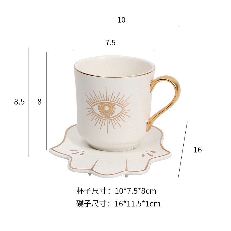 Turkish Blue Eyes Luxury Coffee Cup Saucer Set with Hand and Clothe Shape Dish Ottoman Cup Boonido Coffee Cappuccino Cup 200ml