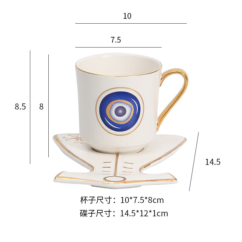 Turkish Blue Eyes Luxury Coffee Cup Saucer Set with Hand and Clothe Shape Dish Ottoman Cup Boonido Coffee Cappuccino Cup 200ml