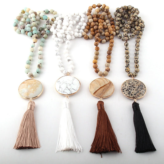 Fashion Bohemian Jewelry Semi Precious Stones Long Knotted Matching Stone Links Tassel Necklaces For Women Ethnic Necklace