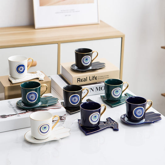Turkish Blue Eyes Luxury Coffee Cup Saucer Set with Hand and Clothe Shape Dish Ottoman Cup Boonido Coffee Cappuccino Cup 200ml