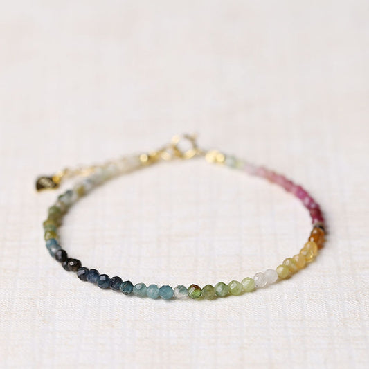 Dainty Tiny Faceted Multicolor Tourmaline Crystal Beads Bracelet for Women Delicate Small Natural Stone Stacking Bracelet