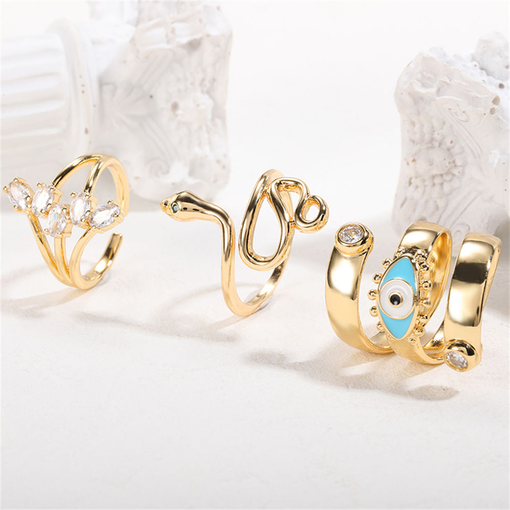 GATTVICT Punk Fashion Drop Oil Evil Eye Rings Set For Women Men  Abstract Gold Color Climb Line Snake Zircon Leaf Ring Jewelry