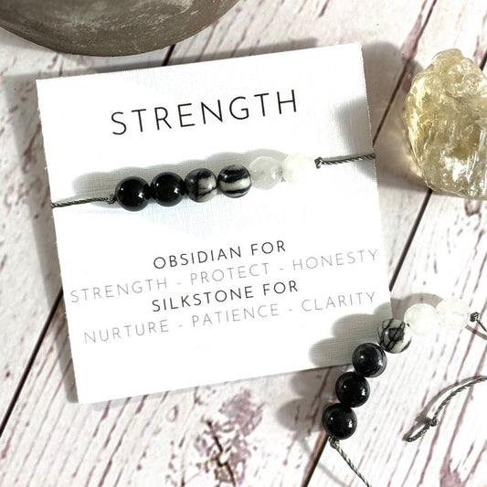 Strength Wish Bracelet Natural Obsidian Stone Bracelet Obsidian String Bracelet Crystal Jewelry for Women Men Strength Bracelet