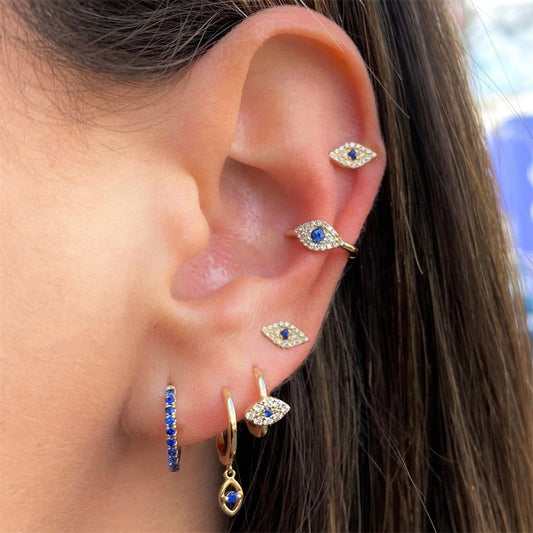 1PC Fashion 18K Plated Gold Zircon Blue Eye Earrings Long Tassel Crystal Dangle Earrings Cartilage Stud Earring Piercing Jewelry