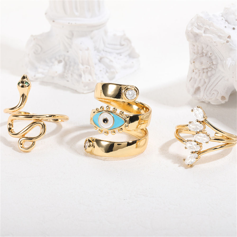 GATTVICT Punk Fashion Drop Oil Evil Eye Rings Set For Women Men  Abstract Gold Color Climb Line Snake Zircon Leaf Ring Jewelry