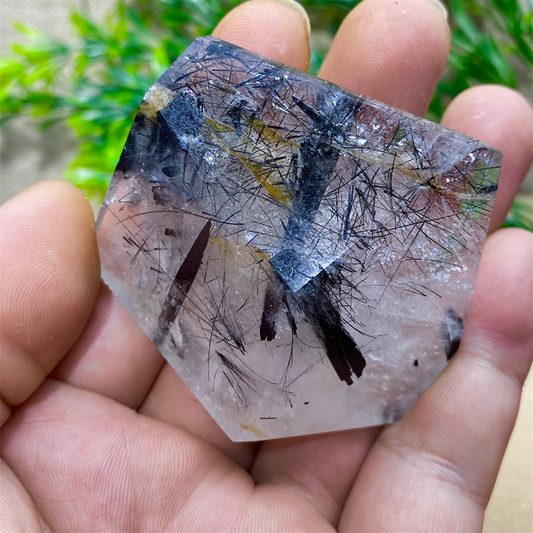 Black Tourmaline Natural Stone Crystal Healing Polyhedron Hair Quartz Palm Playing  Wicca Reiki Ornaments Home Decoration Room