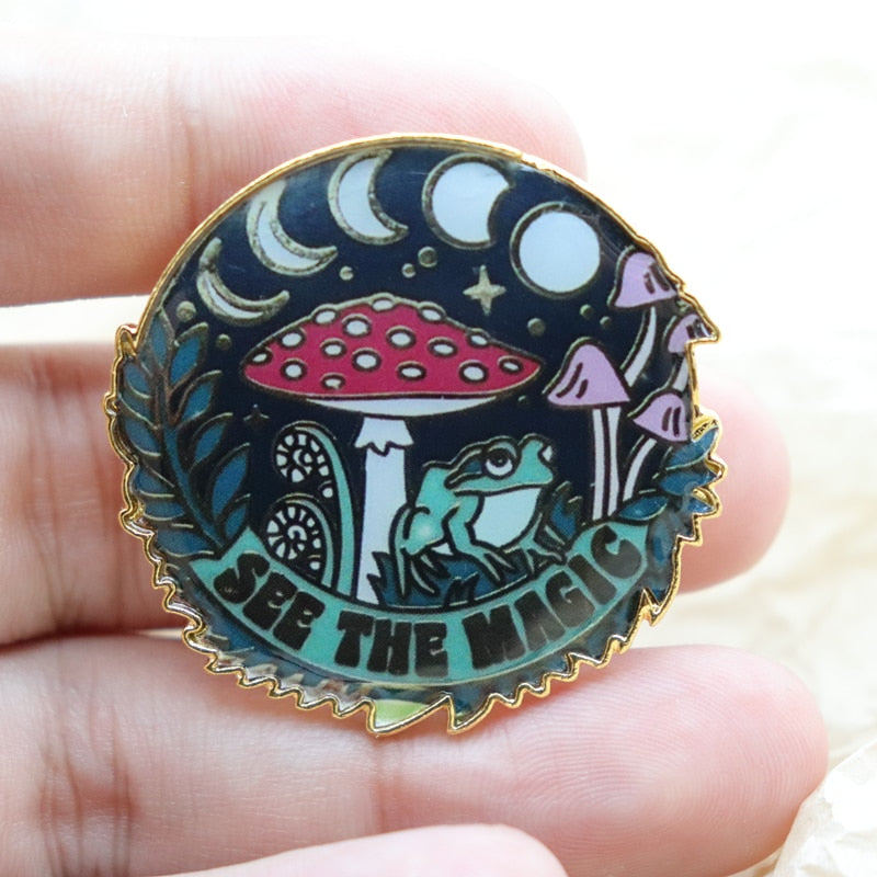 Cartoon Frog Moon Phase Mushroom Plant SEE THE MAGIC Enamel Badge Brooch Backpack Collar Lapel Pins Jewelry Brooch Party Gift