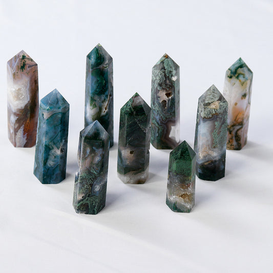 1P CNatural Crystal Healing stone Green water plant agate Crystal Point Moss Agate Crystal hexagonal column ornaments