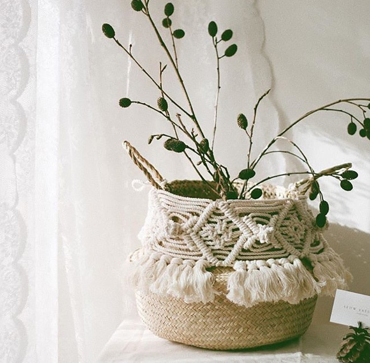 Woven Grass Baskets with Decorative Tassels Weavings Macrame