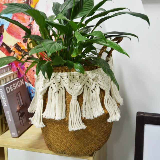 Lucoss Tassel Macrame Woven Seagrass Belly Basket For Storage, Decoration, Laundry, Picnic, Plant Basin Cover, Groceries And Toy Storage 45x35cm