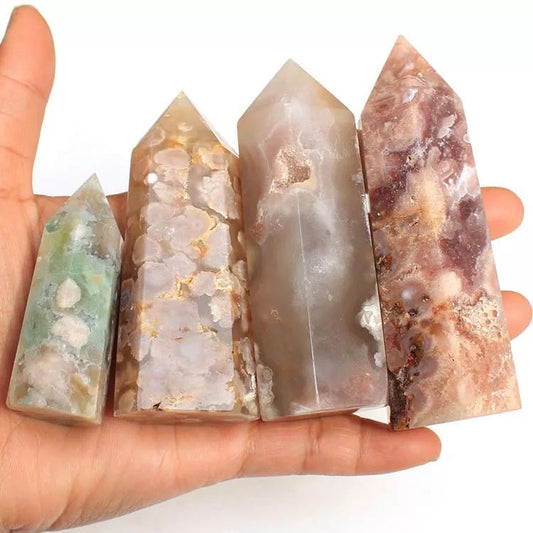 MOKAGY 75mm-85mm Hand Carved Natural Cherry Blossom Flower Agate Crystal Point Wand 4pc